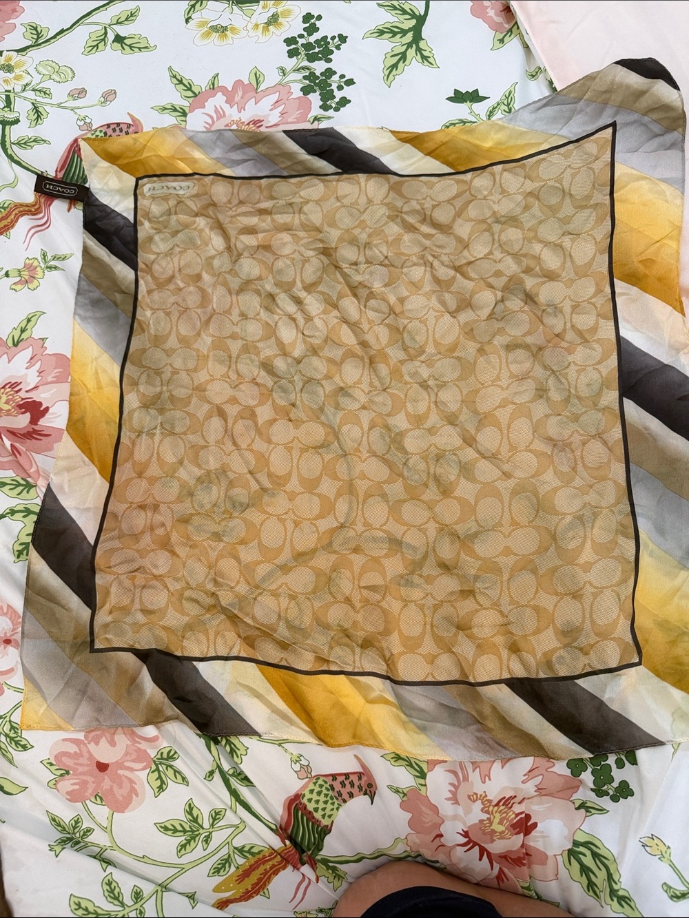 Coach Silk Square Scarf in Yellow, Beige and Black